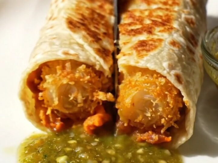 Cross-section of a golden breakfast burrito revealing crispy tater tots, chorizo, cheddar eggs, and avocado