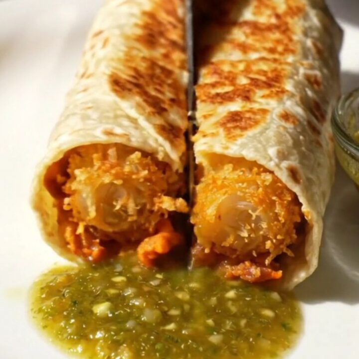 Cross-section of a golden breakfast burrito revealing crispy tater tots, chorizo, cheddar eggs, and avocado