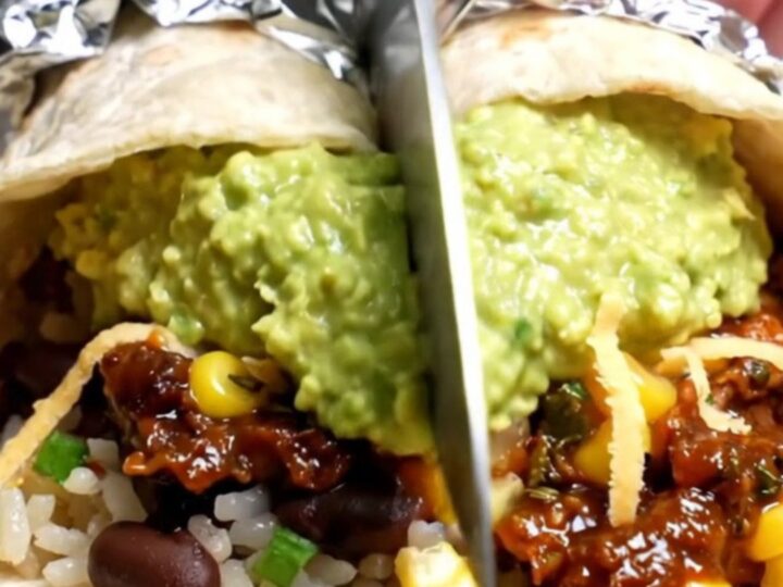 Foil-wrapped copycat barbacoa burrito sliced open, showing shredded chipotle beef, cilantro-lime rice