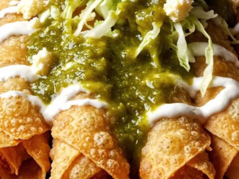 Crispy potato and Oaxaca cheese flautas ahogadas drowned in green tomatillo salsa with crema ribbons
