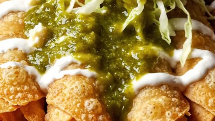 Crispy potato and Oaxaca cheese flautas ahogadas drowned in green tomatillo salsa with crema ribbons