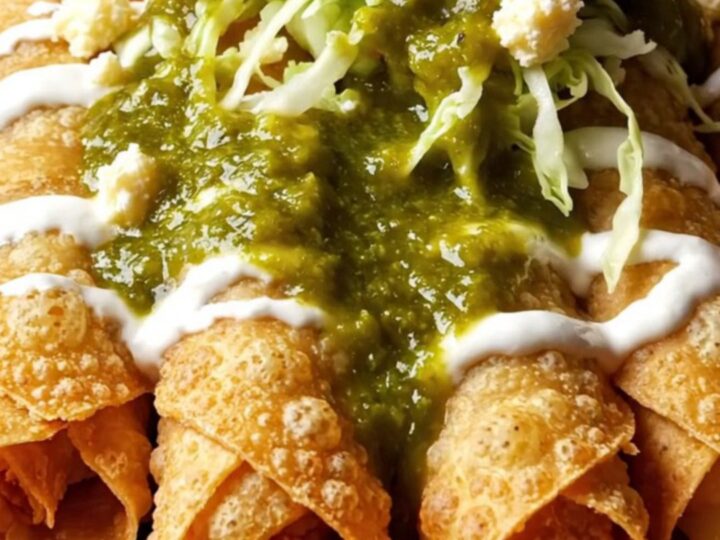 Crispy potato and Oaxaca cheese flautas ahogadas drowned in green tomatillo salsa with crema ribbons