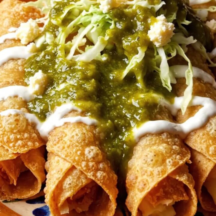 Crispy potato and Oaxaca cheese flautas ahogadas drowned in green tomatillo salsa with crema ribbons
