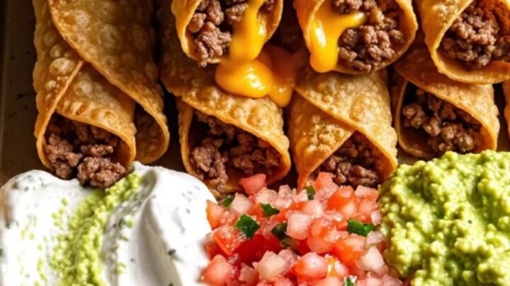 Golden baked beef and cheddar taquitos pulled apart with melted cheddar stretching between crisp shells on a sheet pan