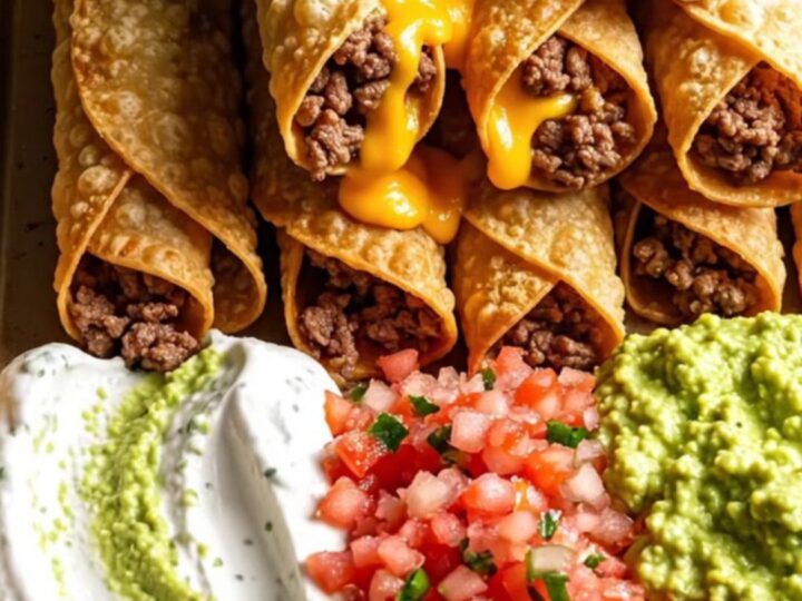Golden baked beef and cheddar taquitos pulled apart with melted cheddar stretching between crisp shells on a sheet pan