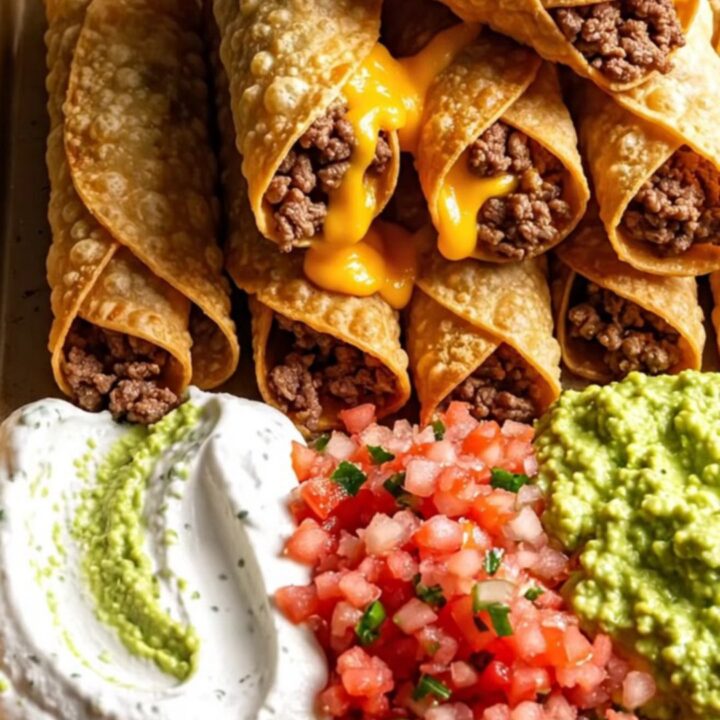 Golden baked beef and cheddar taquitos pulled apart with melted cheddar stretching between crisp shells on a sheet pan