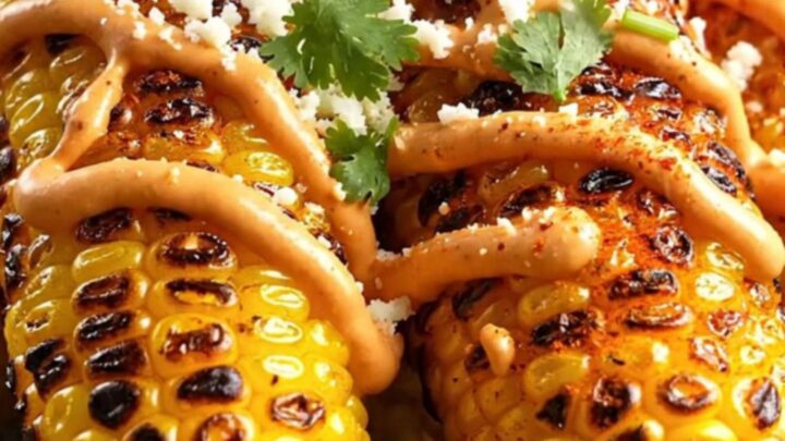 Curled, charred corn ribs on a platter, coated in chipotle mayo, crumbled cotija, cilantro and red chili-lime seasoning