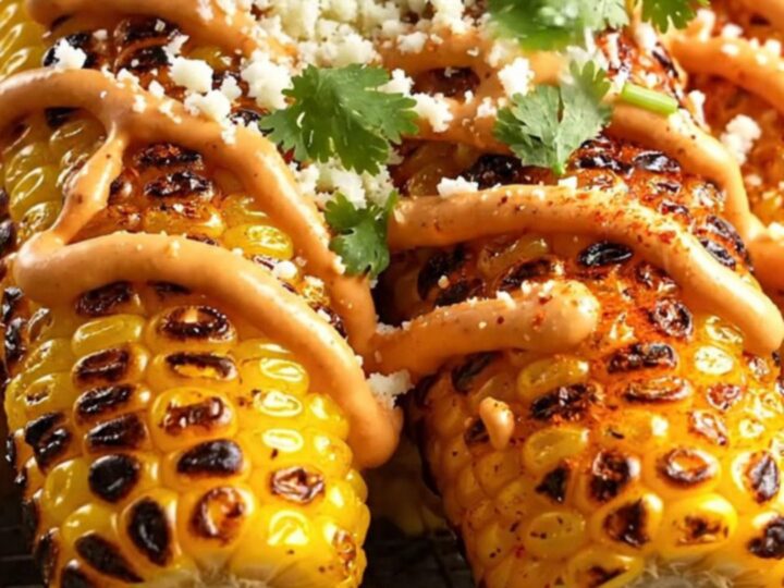 Curled, charred corn ribs on a platter, coated in chipotle mayo, crumbled cotija, cilantro and red chili-lime seasoning