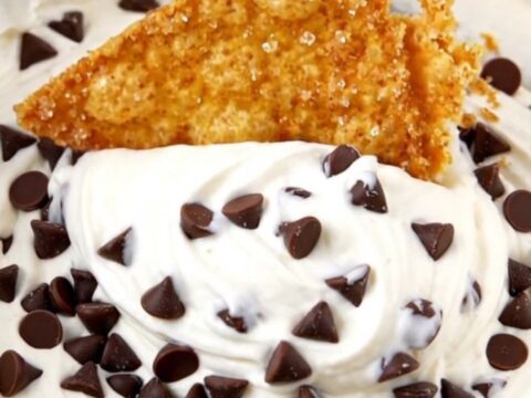 Golden air fryer cinnamon sugar tortilla chips fanned around a swirl of chocolate-chip cannoli dip in a shallow white bowl