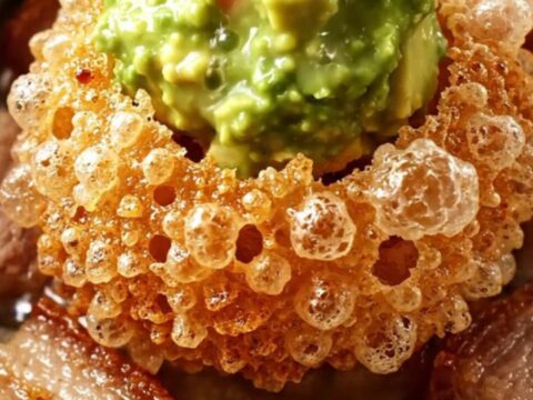 Golden blistered pork belly chicharrones piled on a platter with chunky guacamole and pico de gallo