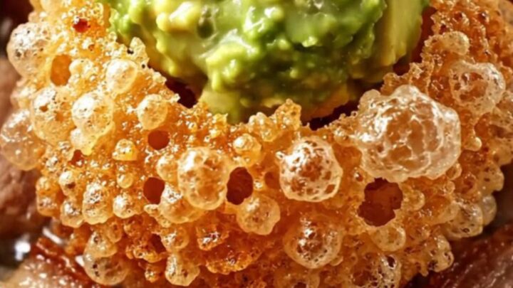 Golden blistered pork belly chicharrones piled on a platter with chunky guacamole and pico de gallo