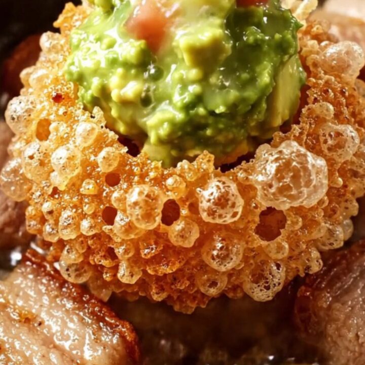 Golden blistered pork belly chicharrones piled on a platter with chunky guacamole and pico de gallo