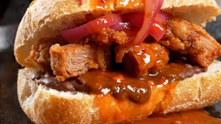Torta ahogada in a shallow bowl, drowned in bright red chile de árbol tomato sauce and topped with lime-pickled red onions
