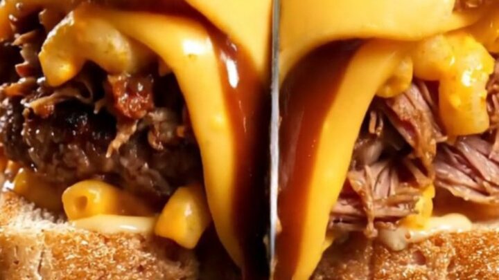Texas toast patty melt cut in half showing layers of smash patty, pulled pork, mac and cheese, and melted colby jack