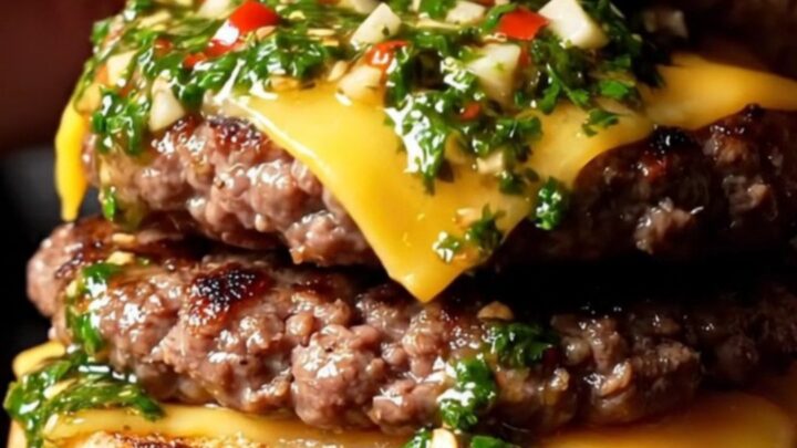 Argentine smash burger on a crusty roll, crispy provolone and green chimichurri spilling over lacy-edged beef patties
