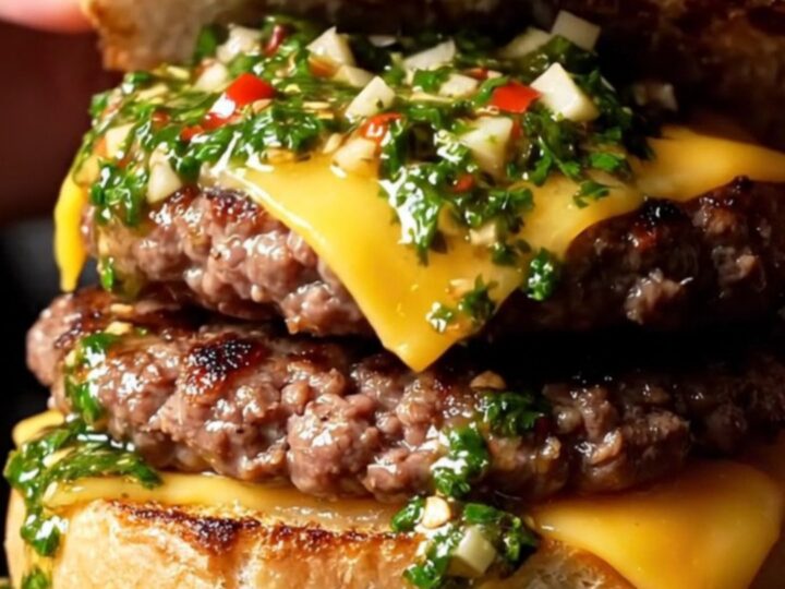 Argentine smash burger on a crusty roll, crispy provolone and green chimichurri spilling over lacy-edged beef patties
