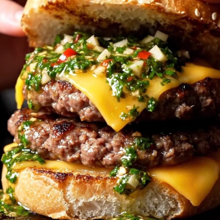 Argentine smash burger on a crusty roll, crispy provolone and green chimichurri spilling over lacy-edged beef patties