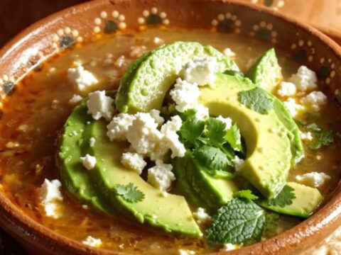 Steaming albondigas soup in a clay bowl with beef meatballs, zucchini, avocado, cilantro and queso fresco