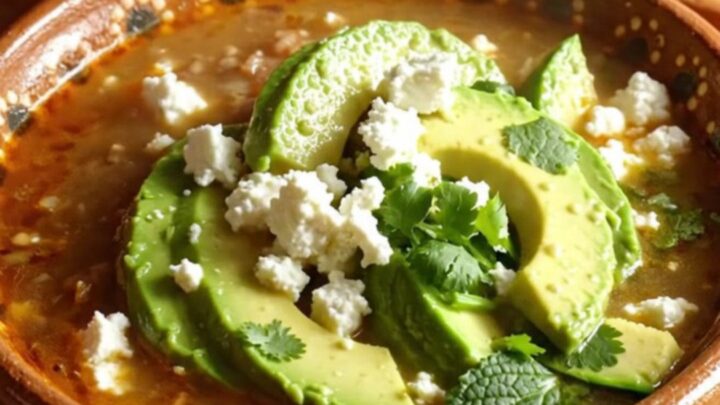 Steaming albondigas soup in a clay bowl with beef meatballs, zucchini, avocado, cilantro and queso fresco