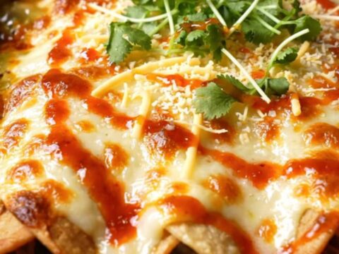Spoon lifting a short rib birria enchilada from a bubbling clay dish, trailing poblano cream sauce and melted Oaxaca cheese