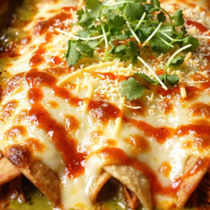 Spoon lifting a short rib birria enchilada from a bubbling clay dish, trailing poblano cream sauce and melted Oaxaca cheese