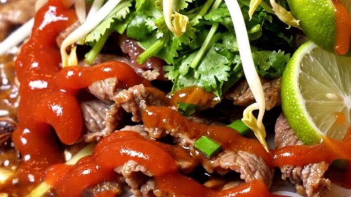 Cast-iron skillet of glossy amber rice noodles with caramelized lemongrass beef, Thai basil, bean sprouts and a lime wedge