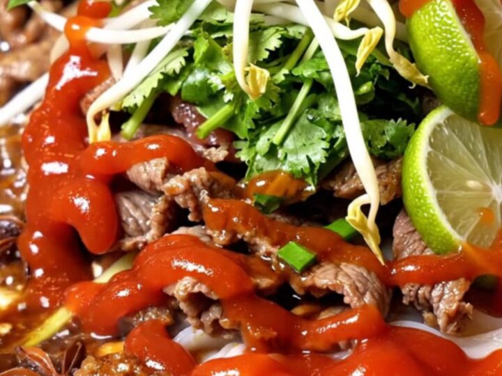 Cast-iron skillet of glossy amber rice noodles with caramelized lemongrass beef, Thai basil, bean sprouts and a lime wedge