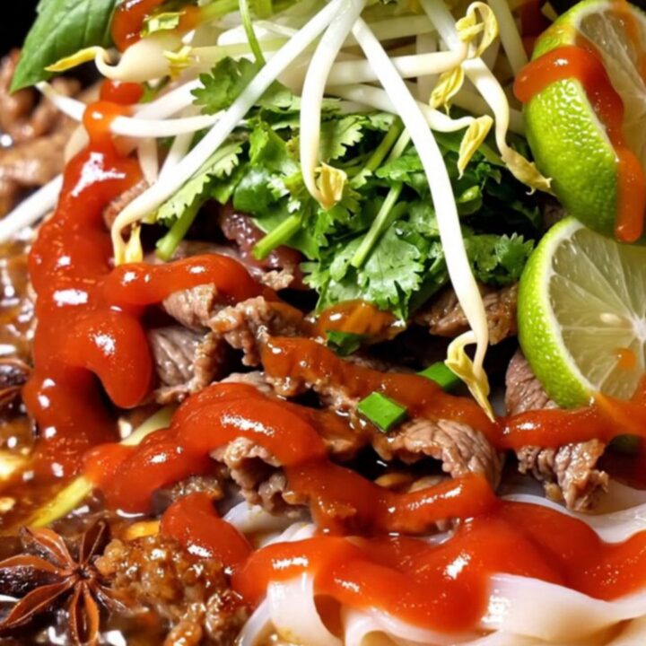 Cast-iron skillet of glossy amber rice noodles with caramelized lemongrass beef, Thai basil, bean sprouts and a lime wedge