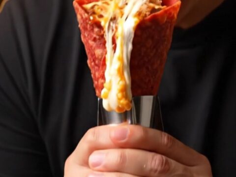 Crispy birria cone overflowing with melted Oaxaca cheese and braised beef, lime squeezed over the top