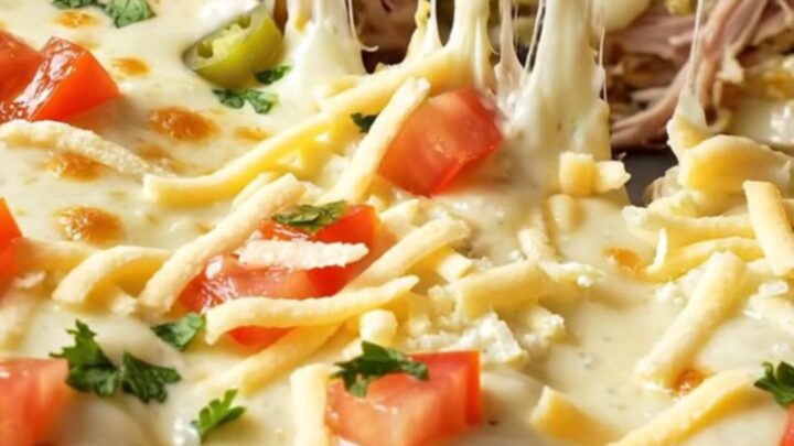Spinach artichoke queso chicken enchilada lifted from a baking dish with strings of melted mozzarella and creamy white