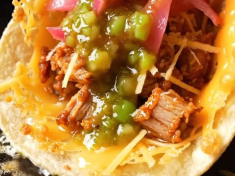 Crispy carnitas taco wrapped in a golden lacy cheese skirt, snapped in half to show crackling edges and juicy pork