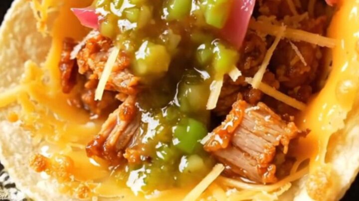 Crispy carnitas taco wrapped in a golden lacy cheese skirt, snapped in half to show crackling edges and juicy pork
