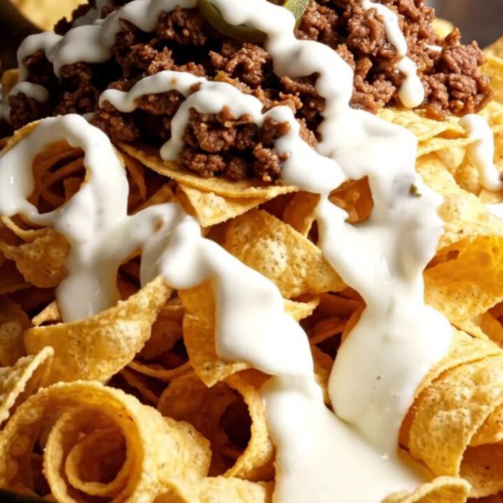 Skillet of golden spiral tortilla ribbon nachos with hot white queso cascading over crunchy curls, taco beef