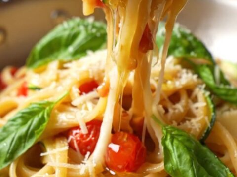 One-pan zucchini and tomato pasta in a skillet, with cherry tomatoes and basil