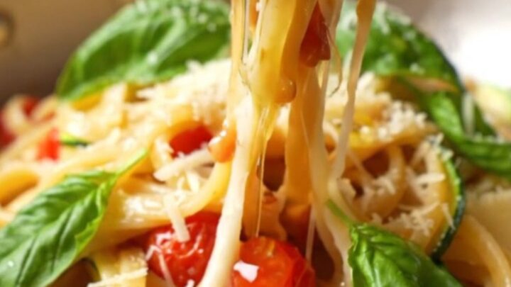 One-pan zucchini and tomato pasta in a skillet, with cherry tomatoes and basil