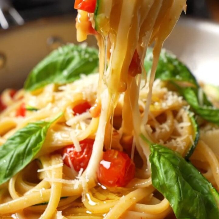 One-pan zucchini and tomato pasta in a skillet, with cherry tomatoes and basil