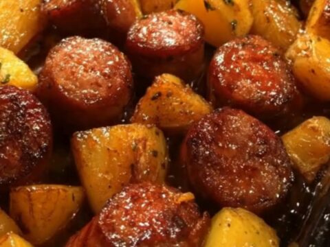 Sheet pan of honey garlic sausage bake with glazed caramelized sausage rounds, golden potato chunks, and chopped parsley