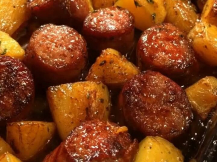 Sheet pan of honey garlic sausage bake with glazed caramelized sausage rounds, golden potato chunks, and chopped parsley