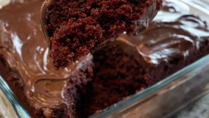 A moist slice of chocolate wacky cake with glossy frosting lifted from a glass baking dish