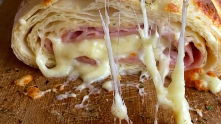 Golden baked ham and cheese stromboli on a wooden cutting board with a slice lifted in a long stretchy cheese pull