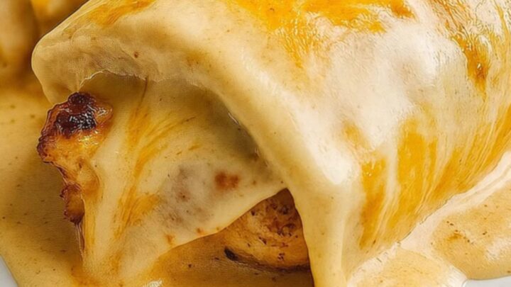 A glass baking dish of bubbly cheesy chicken enchiladas in glossy cream sauce, a spatula lifting one with a long cheese pull