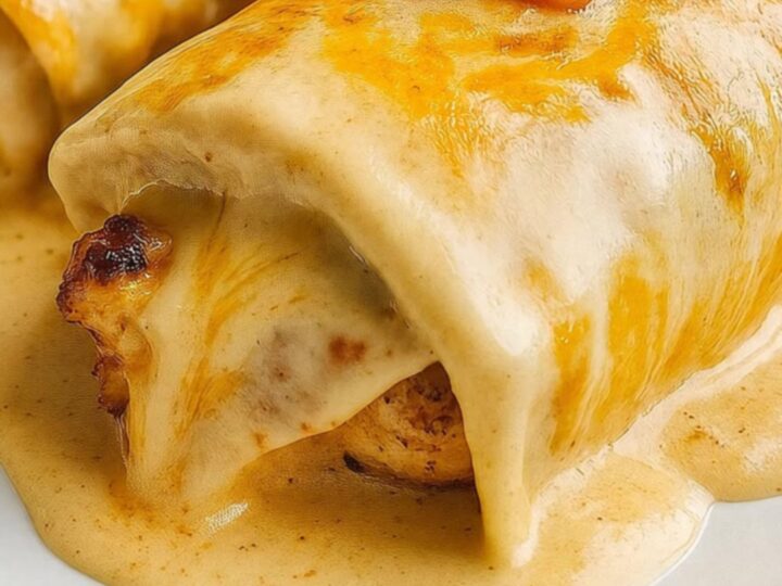 A glass baking dish of bubbly cheesy chicken enchiladas in glossy cream sauce, a spatula lifting one with a long cheese pull