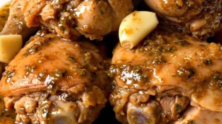 Slow-cooked garlic chicken thighs in thick herb sauce with soft garlic cloves on a white plate