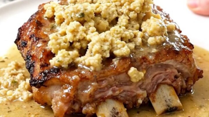 Boneless country-style pork ribs with soft herb stuffing and creamy gravy on a white plate, steam rising