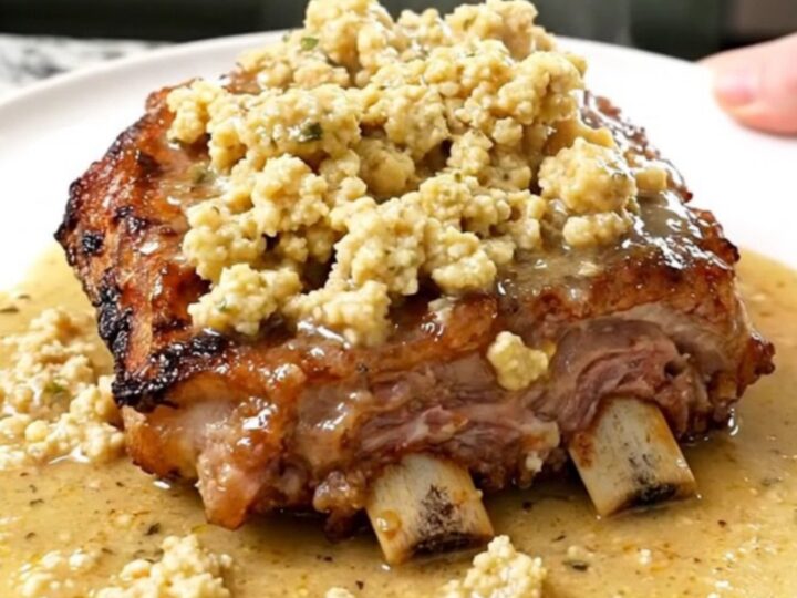 Boneless country-style pork ribs with soft herb stuffing and creamy gravy on a white plate, steam rising