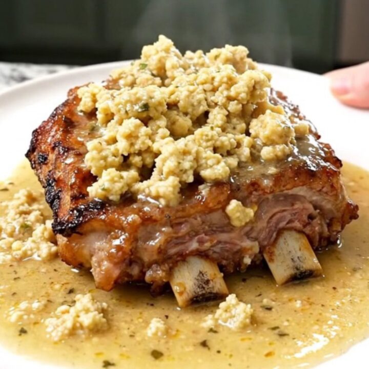 Boneless country-style pork ribs with soft herb stuffing and creamy gravy on a white plate, steam rising