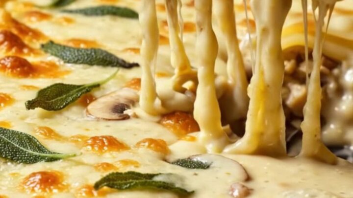 Golden-brown slice of white truffle mushroom lasagna with bubbling Fontina béchamel, shaved black truffle