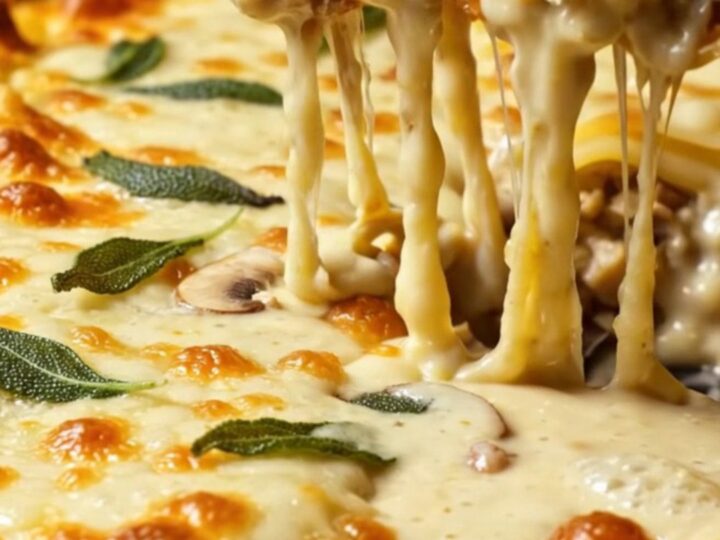 Golden-brown slice of white truffle mushroom lasagna with bubbling Fontina béchamel, shaved black truffle