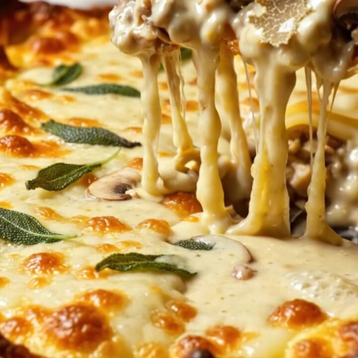 Golden-brown slice of white truffle mushroom lasagna with bubbling Fontina béchamel, shaved black truffle