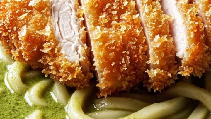 Sliced crispy panko chicken katsu over thick udon noodles in glossy emerald green curry coconut broth, topped with Thai basil